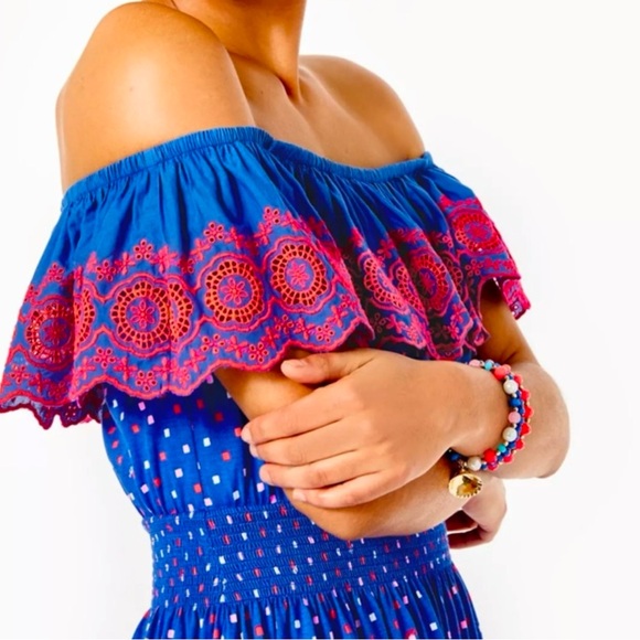 lilly pulitzer Off-Shoulder Blue Polka Dot Dress with Pink Ruffle Size M - Picture 2 of 8
